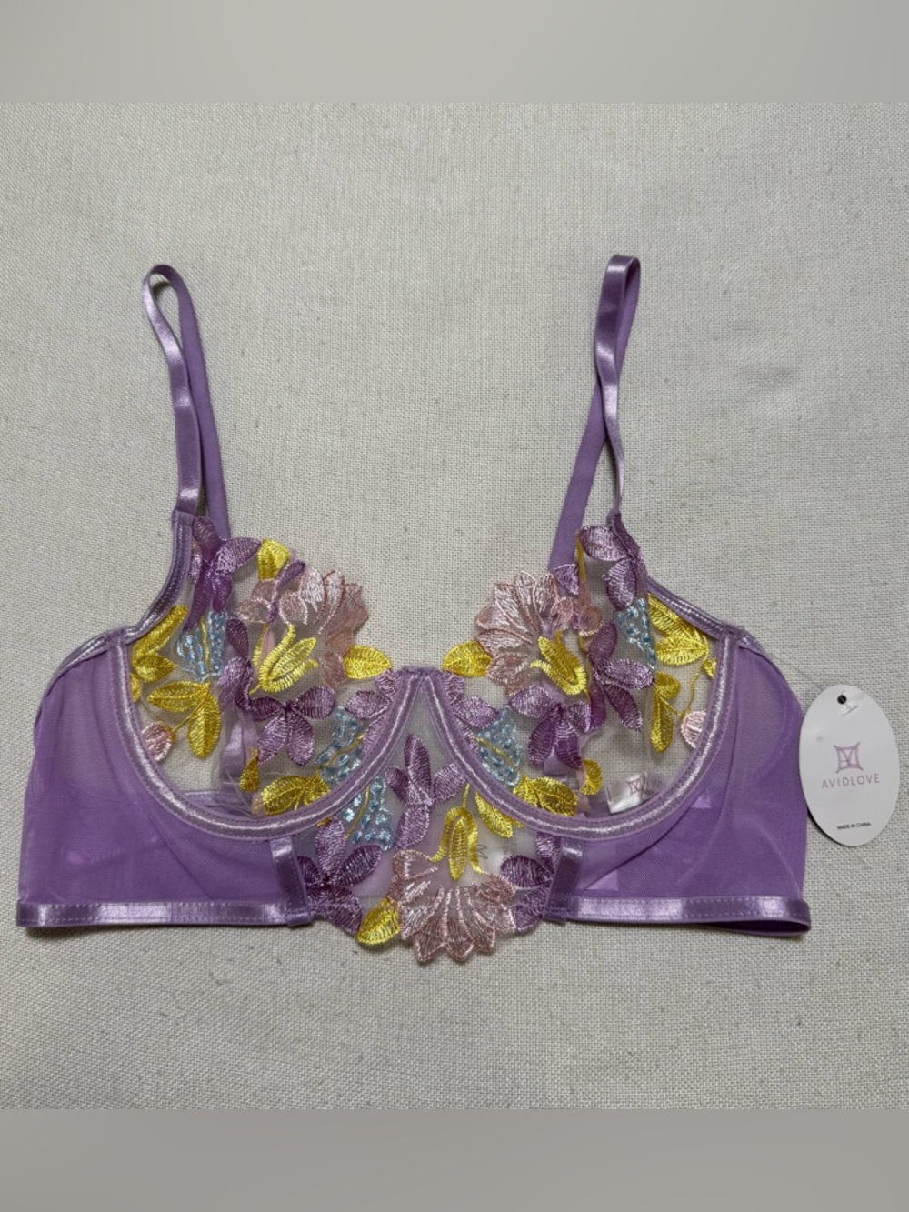 Avidlove Floral Embroidered Sheer Underwire Balconette Bra Size Medium